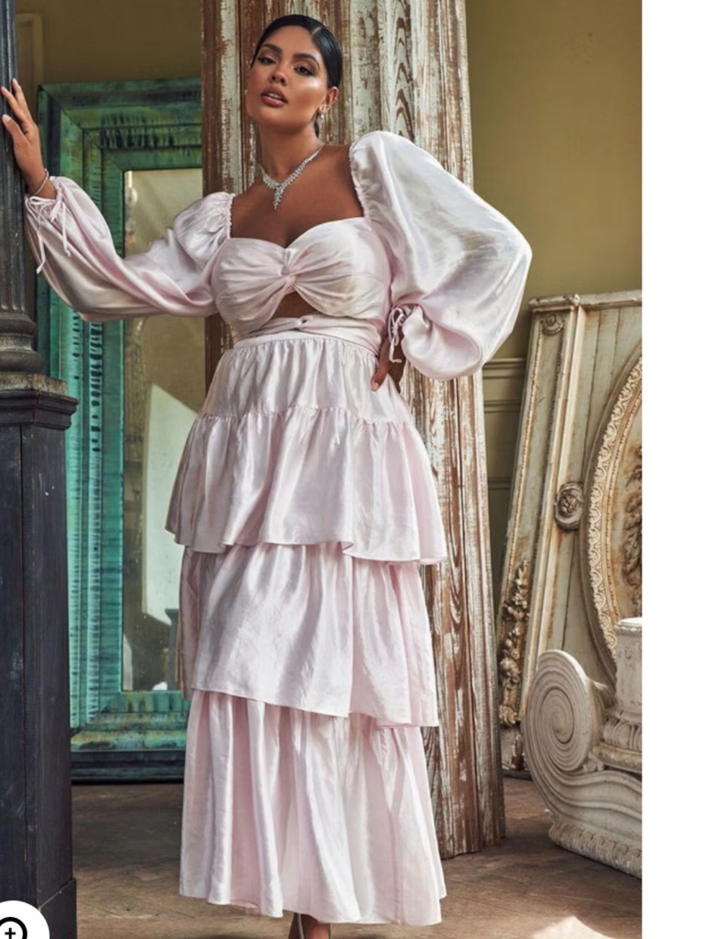 Bridal by Eloquii Soft Pink Satin Tiered Maxi Dress with Puff Sleeves